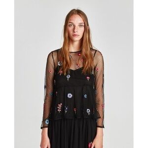 Zara XS long sleeve mesh top with flower embroidery with cami tank black